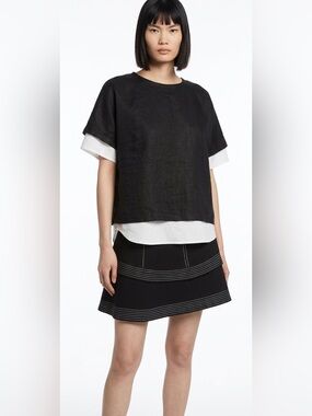 Theory Black and White Overlay linen poplin top